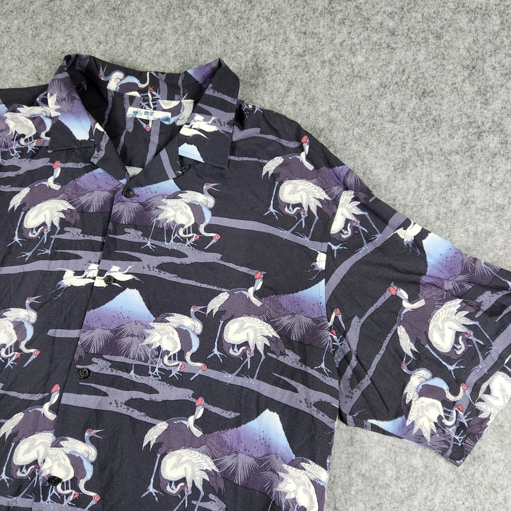 Uniqlo Hokusai Blue Crane Shirt Mens XL Rayon Camp Resort Japanese Loop Ukiyo-e